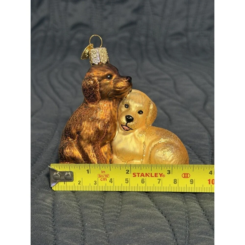 Merck Family Old World Christmas Glass Dog Ornament Brown & Golden w/ Box Bookle
